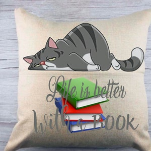 Kitten png, Book Pocket Pillow Designs, Children’s Sublimation Designs, Sublimation Graphics, Life is better with a book png, cat lover gift