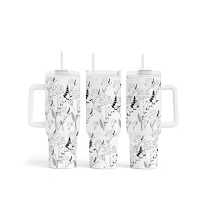 40oz Tumbler Wrap Flower Print PNG Sublimation Black and White Floral Design Digital Download 40oz Tumbler Design