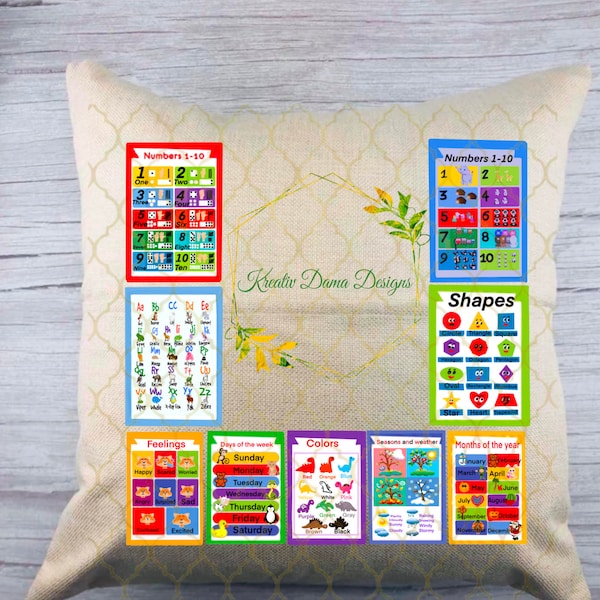 Learning Charts on pillows, pocket Pillow Png, Sublimation download, kindergarten pillow, toddler gift