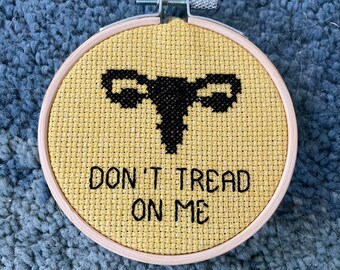 Don't Tread Uterus - feminist finished cross stitch