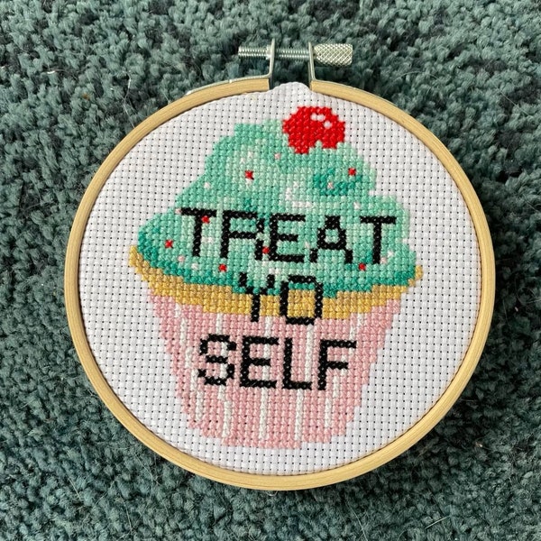 Treat Yo Self 4" finished cross stitch