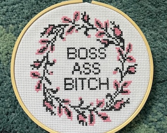 Ted Lasso Boss Ass Bitch finished cross stitch