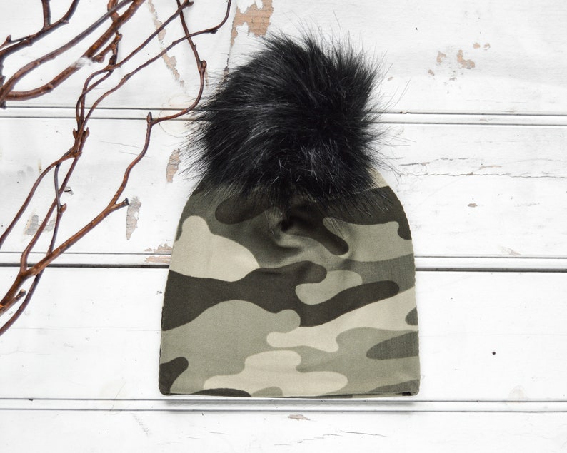 Camo beanie with fur pom pom Babytoddler boy pom hat Jersey knit stretch hat with removable pom pom Baby shower gift Photo prop