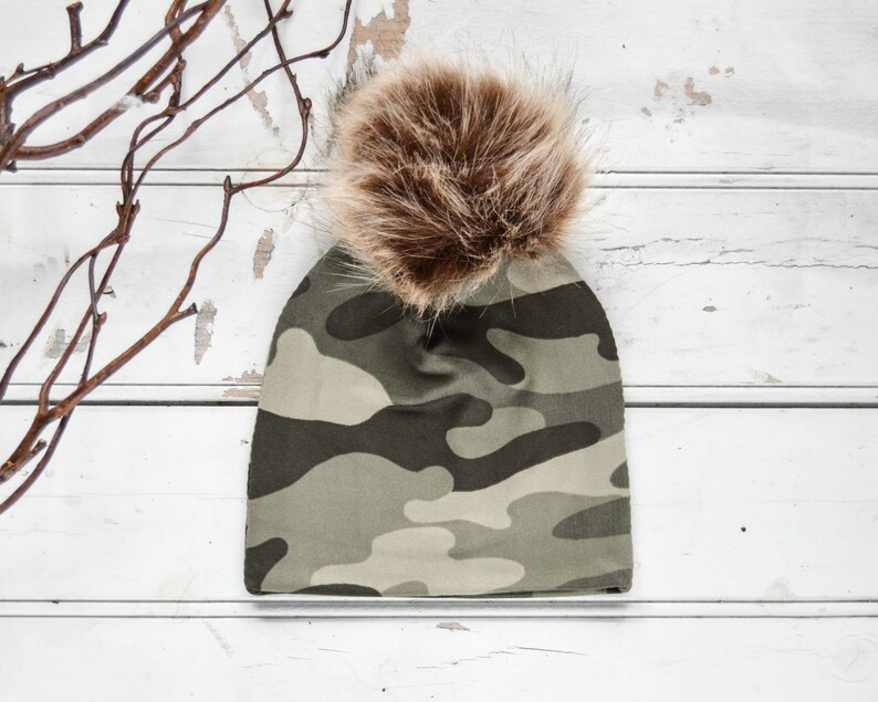 Camo beanie with fur pom pom Babytoddler boy pom hat Jersey knit stretch hat with removable pom pom Baby shower gift Photo prop