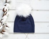 Navy blue beanie with fur pom pom Baby boy girl pom hat Pom beanie for kids Adult beanie Slouchy fur beanie Jersey knit beanie with pom