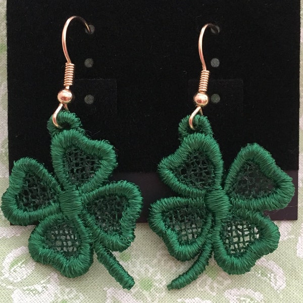 Four Leaf Clover Earrings/FSL Shamrock Earrings/Free Standing Lace Earrings/St. Paddy's Day Earrings/Four Leaf Clover Embroidered Earrings