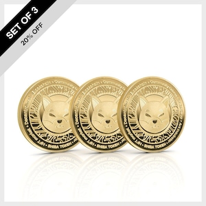 Könnte beinhalten: Set aus drei goldfarbenen Shiba Inu-Kryptowährungstoken. Jeder Token zeigt ein Shiba Inu-Hundekopfdesign mit dem Text "Decentralized Blockchain Community Driven Market. LIN. SHIBA TOKEN." am Rand.