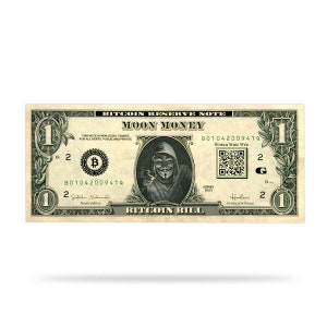Puede incluir: Un billete de un dólar novedoso con un tema de Bitcoin. El billete presenta el texto "MOON MONEY" y "BITCOIN BILL". La imagen central es una persona con una máscara de Guy Fawkes. Incluye un código QR y el texto "WORLD WIDE WEB".