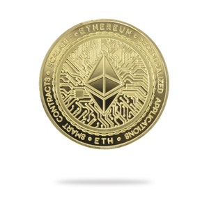 Gold Ethereum (ETH) physical crypto coin by Cryptochips. Collectable Cryptocurrency You Can HODL. Ethereum coin merch or gift for crypto enthusiasts.