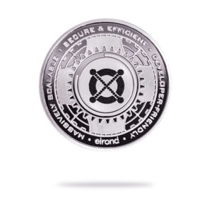 Puede incluir: Una moneda de color plateado con un diseño en blanco y negro. La moneda presenta el texto "Secure & Efficient", "Scalable", "Massively", "Developer-Friendly" y "elrond".