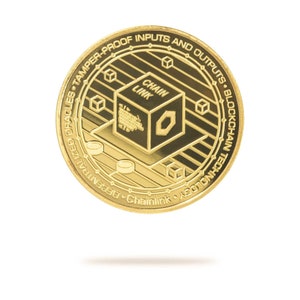 Gold ChainLink (LINK) physical crypto coin by Cryptochips. Collectable Cryptocurrency You Can HODL. Chainlink coin merch or gift for crypto enthusiasts.