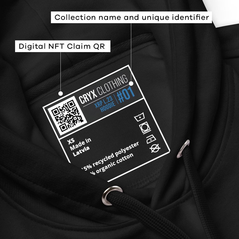 May include: Black hoodie with a white tag that says "CRYX CLOTHING" and "XRP L.23 HOODIE #01". The tag also includes a QR code, size information, and fabric details.
