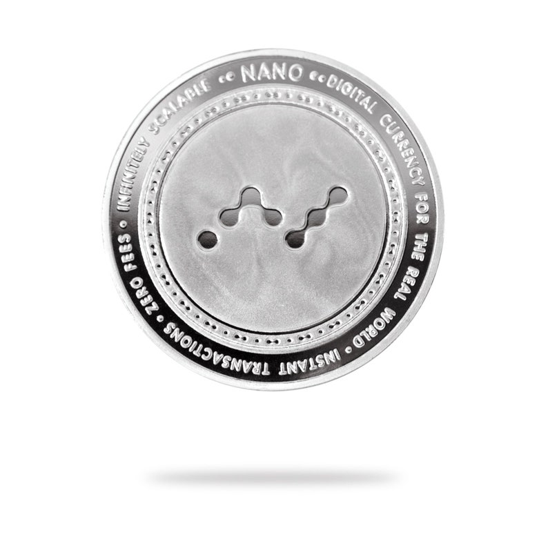 Silver NANO physical crypto coin by Cryptochips. Collectable Cryptocurrency You Can HODL. NANO coin merch or gift for crypto enthusiasts.