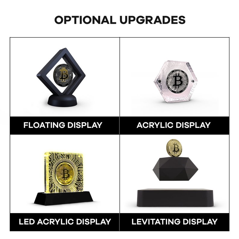 May include: Four different display options for a Bitcoin coin. The options include a floating display, an acrylic display, an LED acrylic display, and a levitating display.