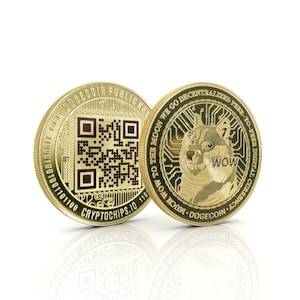 May include: Two gold-colored Dogecoin cryptocurrency coins. One coin features a QR code and the text "DOGECOIN PUBLIC KEY" and "CRYPTOCHIPS.10". The other coin features a Shiba Inu dog with the text "TO THE MOON WE GO DECENTRALIZED PEER-TO-PEER DIGITAL CURRENCY" and "MOMOW DOGECOIN".