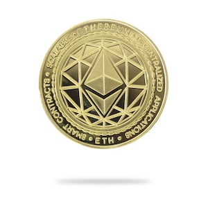 Gold Ethereum (ETH) physical crypto coin by Cryptochips. Collectable Cryptocurrency You Can HODL. Ethereum coin merch or gift for crypto enthusiasts.