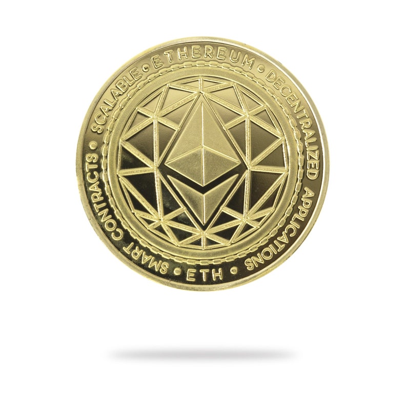 Gold Ethereum (ETH) physical crypto coin by Cryptochips. Collectable Cryptocurrency You Can HODL. Ethereum coin merch or gift for crypto enthusiasts.