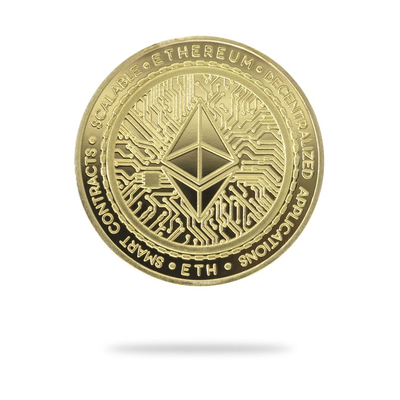 Gold Ethereum (ETH) physical crypto coin by Cryptochips. Collectable Cryptocurrency You Can HODL. Ethereum coin merch or gift for crypto enthusiasts.