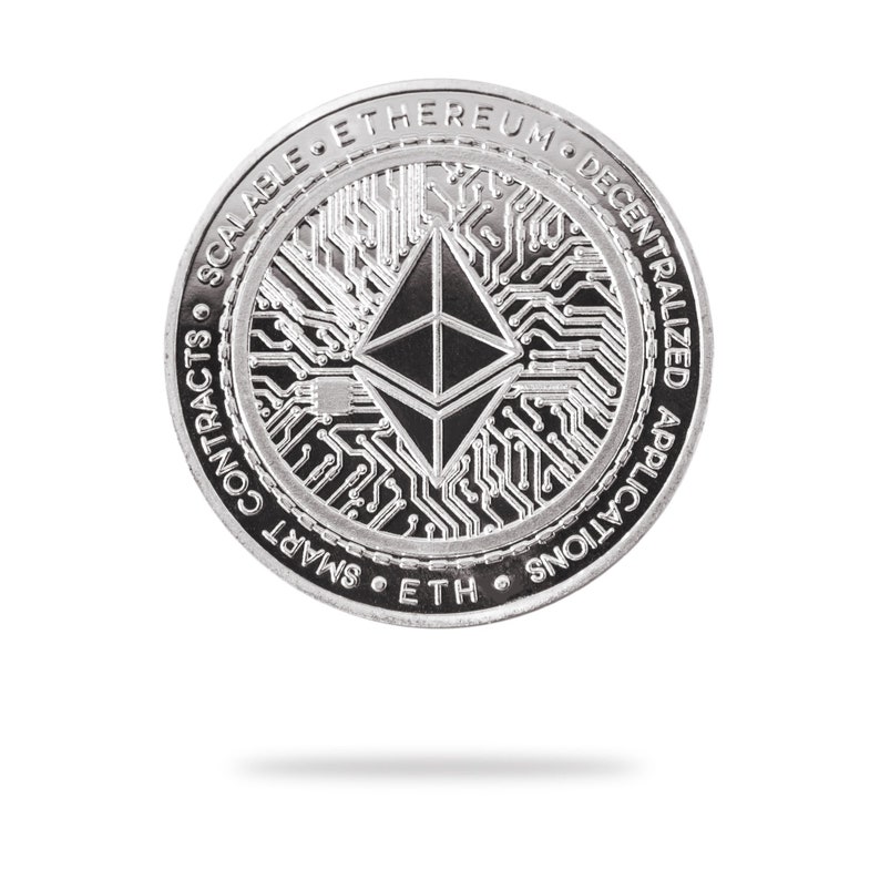 Silver Ethereum (ETH) physical crypto coin by Cryptochips. Collectable Cryptocurrency You Can HODL. Ethereum coin merch or gift for crypto enthusiasts.