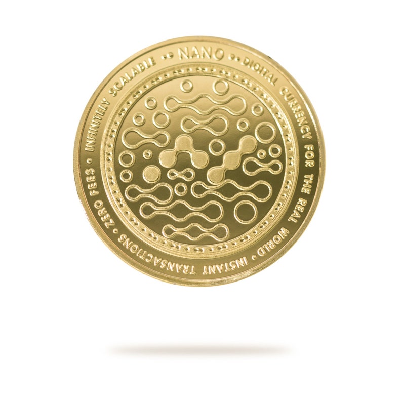 Gold NANO physical crypto coin by Cryptochips. Collectable Cryptocurrency You Can HODL. NANO coin merch or gift for crypto enthusiasts.