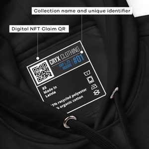 May include: Black hoodie with a white tag that says "CRYX CLOTHING" and "XRP L.23 HOODIE #01". The tag also includes a QR code, size information, and fabric details.