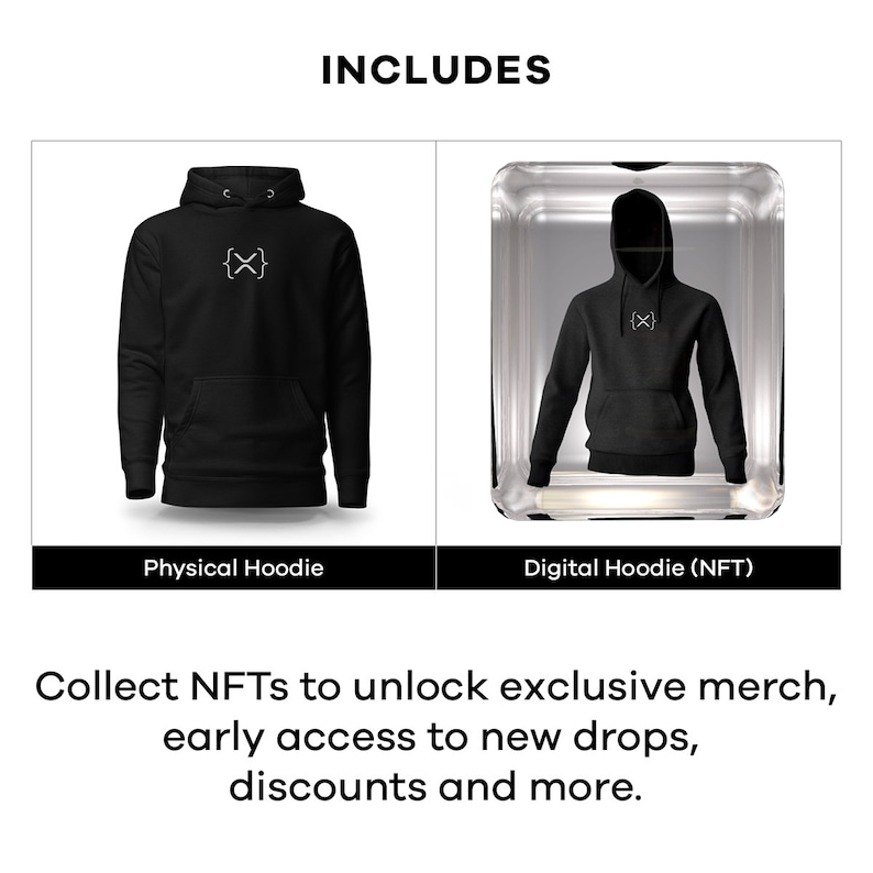 May include: A black hoodie with a white "{X}" logo is shown next to a digital version of the same hoodie in a glass frame. The text "INCLUDES" is at the top of the image. The text "Physical Hoodie" is below the black hoodie and the text "Digital Hoodie (NFT)" is below the digital hoodie. The text "Collect NFTs to unlock exclusive merch, early access to new drops, discounts and more." is at the bottom of the image.