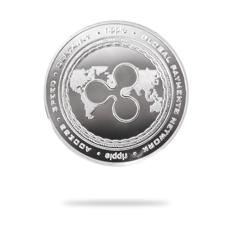 Silver XRP (ripple) physical crypto coin by Cryptochips. Collectable Cryptocurrency You Can HODL. Ripple coin merch or gift for crypto enthusiasts.
