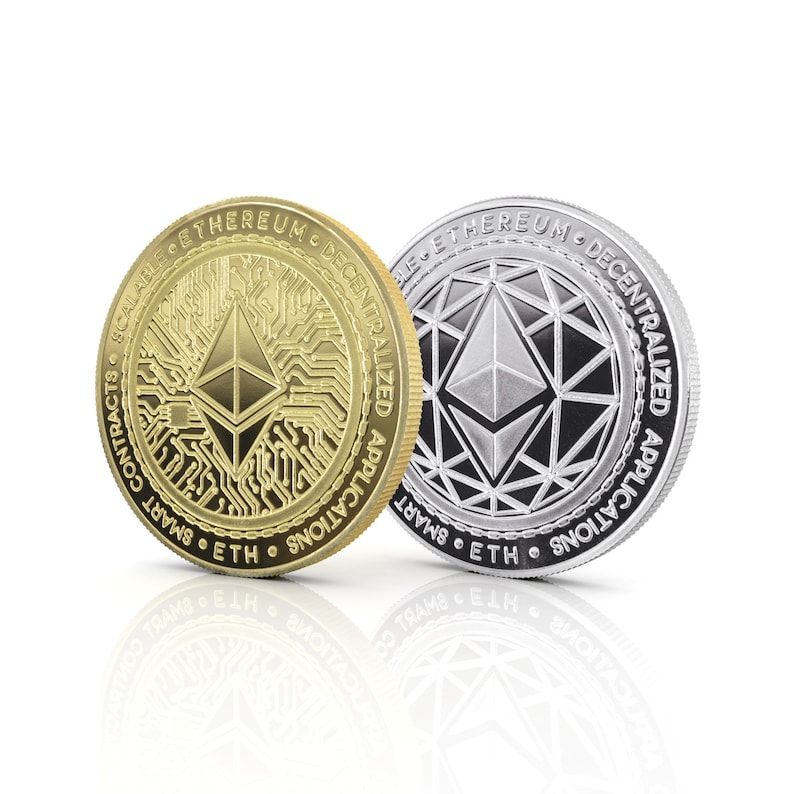 Silver Ethereum (ETH) physical crypto coin by Cryptochips. Collectable Cryptocurrency You Can HODL. Ethereum coin merch or gift for crypto enthusiasts.
