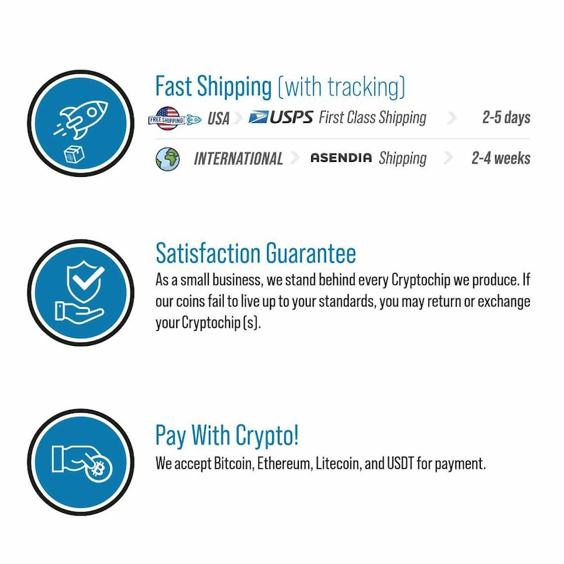 May include: A blue circle with a white checkmark inside, representing a satisfaction guarantee. The text "Satisfaction Guarantee" is above the circle. The text below the circle reads "As a small business, we stand behind every Cryptochip we produce. If our coins fail to live up to your standards, you may return or exchange your Cryptochip (s)."