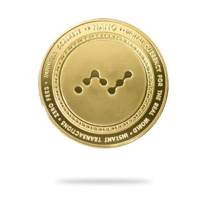 Gold NANO physical crypto coin by Cryptochips. Collectable Cryptocurrency You Can HODL. NANO coin merch or gift for crypto enthusiasts.