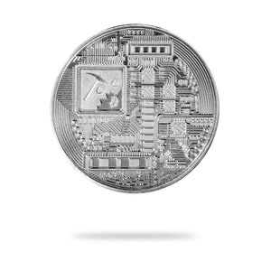 May include: A silver-colored Bitcoin cryptocurrency coin with a circuit board design and a pickaxe and rock graphic in the center.