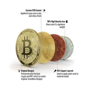 May include: A gold-colored Bitcoin coin is shown in a cutaway view, revealing the layers of its construction. The coin is made of 90% high-density iron, 10% copper, and has a custom PVD coating. The coin features original designs partnered with a crypto and NFT artist.