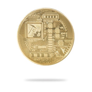 May include: A gold-colored Bitcoin cryptocurrency coin with a circuit board design and a pickaxe symbol.