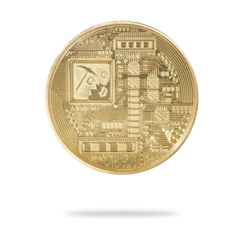 May include: A gold-colored Bitcoin cryptocurrency coin with a circuit board design and a pickaxe symbol.