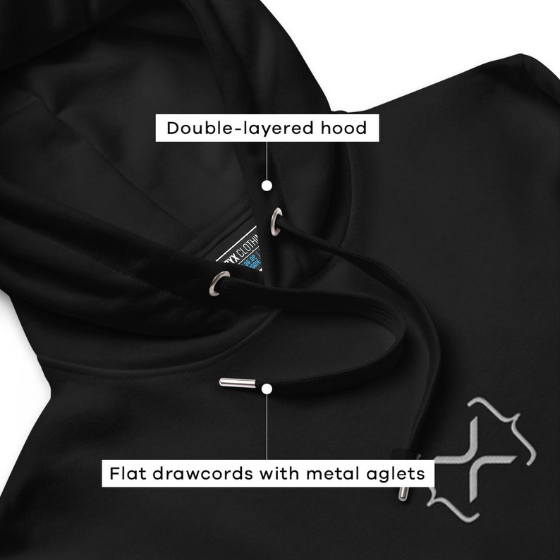 May include: Black hooded sweatshirt with a double-layered hood and flat drawcords with metal aglets. The sweatshirt has a small, gray, stylized logo on the front.
