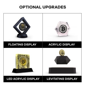 May include: Four different display options for a Bitcoin coin. The options include a floating display, an acrylic display, an LED acrylic display, and a levitating display.