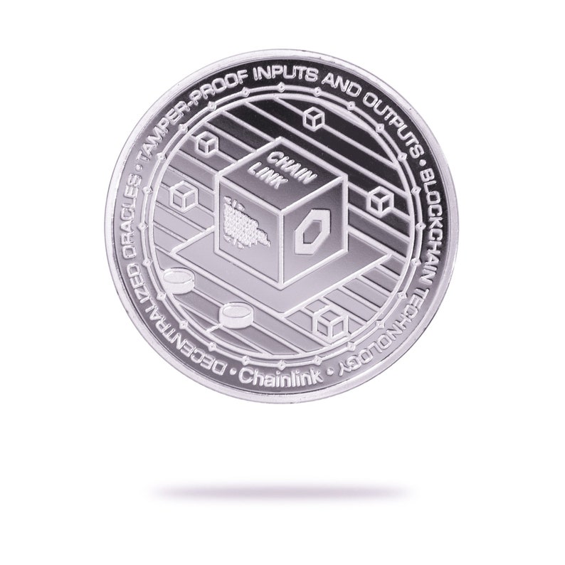 Silver ChainLink (LINK) physical crypto coin by Cryptochips. Collectable Cryptocurrency You Can HODL. Chainlink coin merch or gift for crypto enthusiasts.