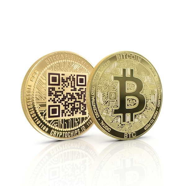 Bitcoin (BTC) QR Coin / Moneda criptográfica personalizada grabada con láser por Cryptochips / Regalo personalizado o artículo de coleccionista para entusiastas de las criptomonedas