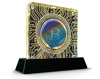 LED Galaxy Coin Display Stand | Magnetic Acrylic Display Case For Cryptocurrency Collectables like Bitcoin and Ethereum | Crypto Gift