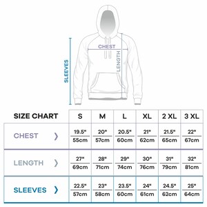 May include: Size chart for a hooded sweatshirt with measurements in inches and centimeters for chest, length, and sleeves. Sizes range from S to 3XL.