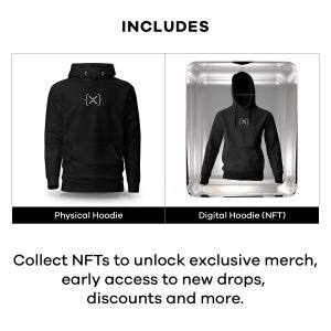 May include: A black hoodie with a white "{X}" logo is shown next to a digital version of the same hoodie in a glass frame. The text "INCLUDES" is at the top of the image. The text "Physical Hoodie" is below the black hoodie and the text "Digital Hoodie (NFT)" is below the digital hoodie. The text "Collect NFTs to unlock exclusive merch, early access to new drops, discounts and more." is at the bottom of the image.