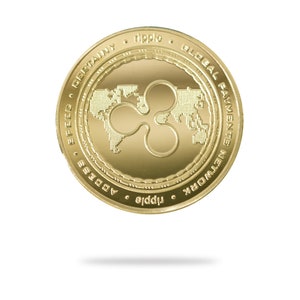 Gold XRP (ripple) physical crypto coin by Cryptochips. Collectable Cryptocurrency You Can HODL. Ripple coin merch or gift for crypto enthusiasts.
