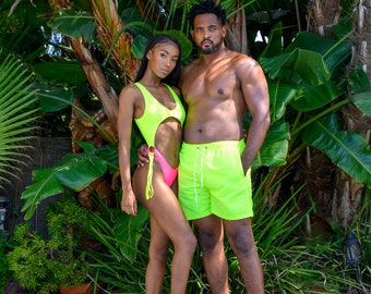 bride and groom matching swimwear