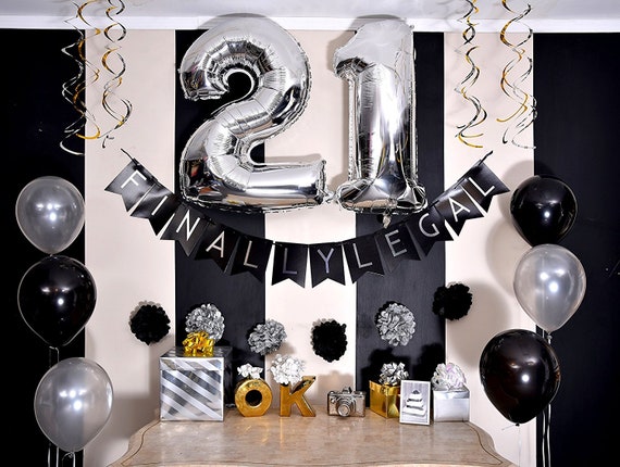 21st Birthday Party Pack Black Silver Happy Birthday Etsy