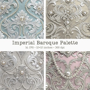 May include: A collage of four baroque-style patterns in pastel colors. Each design features ornate silver scrollwork, pearl accents, and floral motifs. The text "Imperial Baroque Palette" is displayed below the images.