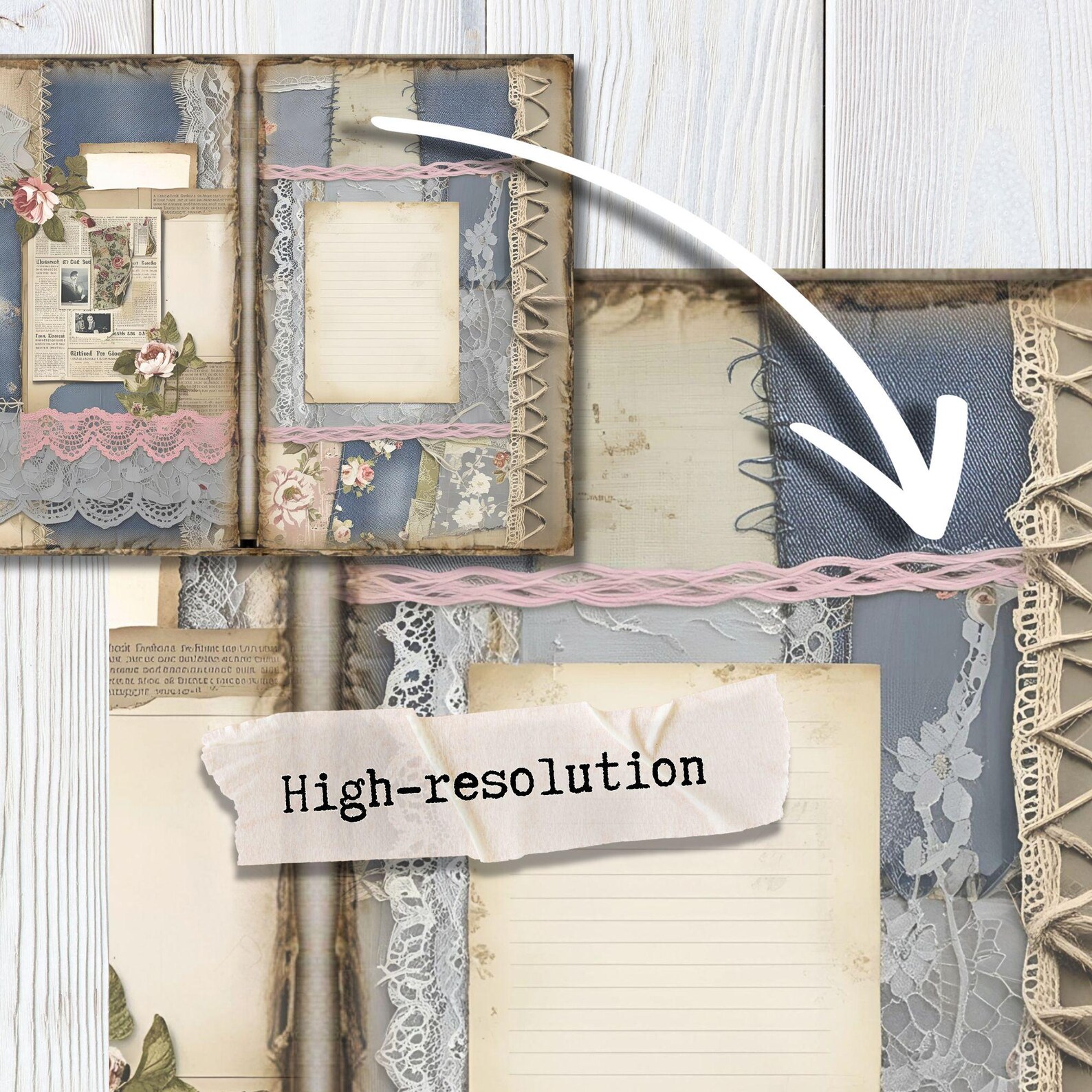 Patchwork Denim Lace Junk Journal Printable Paper | Digital Scrapbook ...
