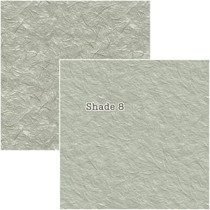 Puede incluir: Dos hojas de papel texturizado en un tono verde claro. El papel tiene un aspecto fibroso con sutiles acentos verdes oscuros y marrones. El texto "Shade 8" se muestra en una de las hojas. El papel tiene un aspecto artesanal.