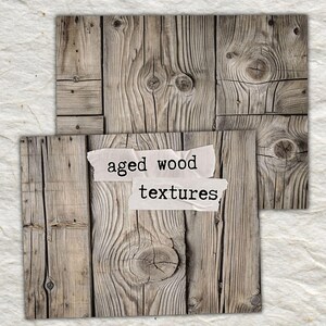 Op de afbeelding: Twee rechthoekige afbeeldingen van verouderde houttexturen. De houtnerf is zichtbaar, met knopen en onvolkomenheden. De tekst "aged wood textures" staat op een gescheurde papieren strook.