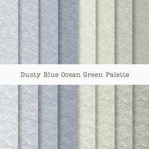 Puede incluir: Una colecci&oacute;n de muestras de papel texturizado en una paleta Dusty Blue Ocean Green. La combinaci&oacute;n de colores incluye tonos de blanco, azul claro y verde. El texto "Dusty Blue Ocean Green Palette" se muestra en la imagen.
