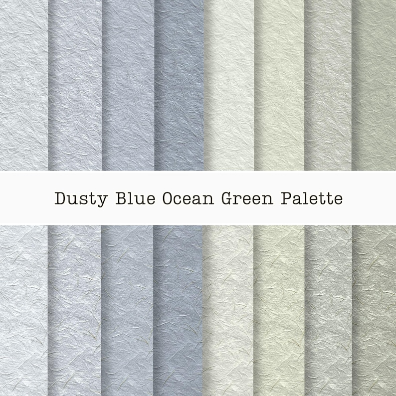 Puede incluir: Una colecci&oacute;n de muestras de papel texturizado en una paleta Dusty Blue Ocean Green. La combinaci&oacute;n de colores incluye tonos de blanco, azul claro y verde. El texto "Dusty Blue Ocean Green Palette" se muestra en la imagen.